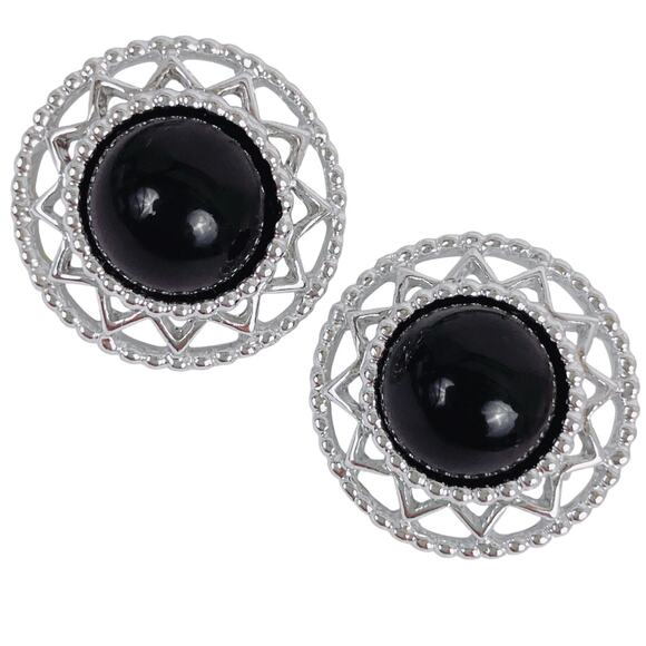 VTG Sarah Coventry Mod Atomic Black Silver Tone Clip On Earrings 1960s Space Age - Picture 1 of 7